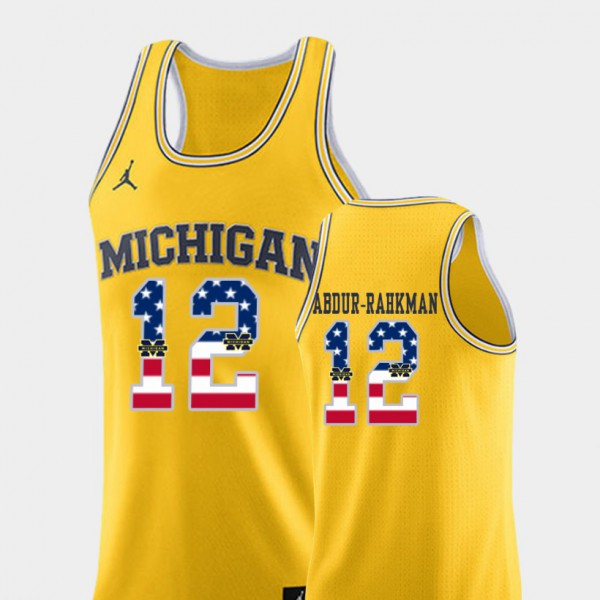 University of Michigan #12 Mens Muhammad-Ali Abdur-Rahkman Jersey Yellow College Basketball USA Flag NCAA